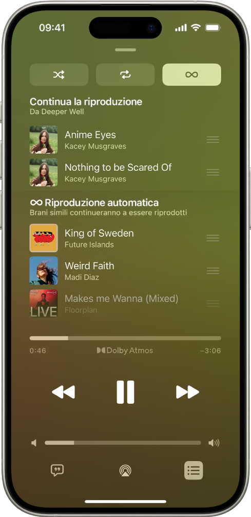La schermata di “Riproduzione automatica”, con la coda e l’opzione di riproduzione automatica attiva. Sotto al brano dell’album sono presenti altri brani simili.