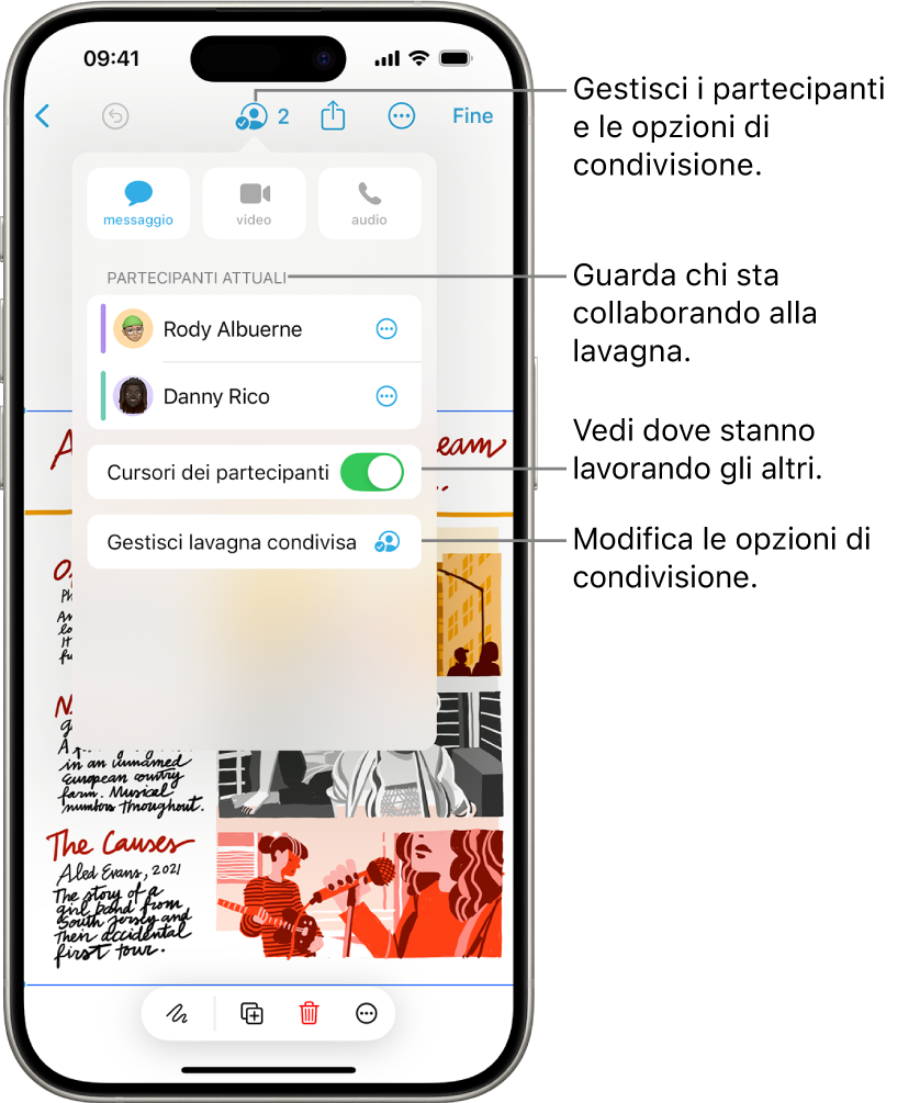 Una lavagna Freeform condivisa su iPhone con il menu Collaborazione visibile.