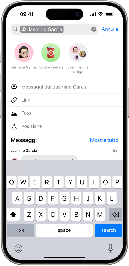 Il campo di ricerca nell’app Messaggi. Il campo contiene un tag che limita la ricerca ai messaggi inviati da una persona. Gli altri tag da aggiungere al campo di ricerca (Link, Foto, Posizione e Documento) vengono mostrati come opzioni.