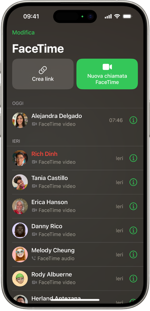 La schermata per iniziare una chiamata FaceTime, che mostra il pulsante “Crea link” e “Nuova chiamata FaceTime”, per effettuare una chiamata.