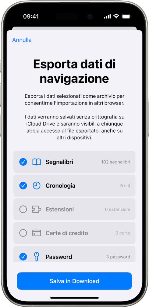 La schermata di esportazione dei dati di navigazione che mostra i dati che puoi esportare da Safari su un altro browser.