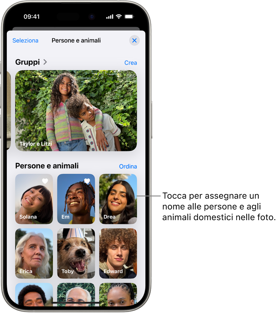 La raccolta “Persone e animali” nell’app Foto. La sezione Gruppi viene mostrata in alto, mentre le persone e gli animali domestici vengono elencati sotto.