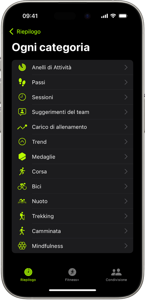 La schermata di Fitness che mostra un elenco delle categorie.