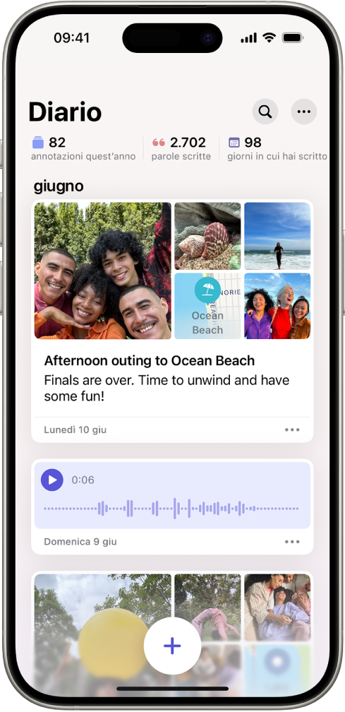 Una schermata che mostra delle annotazioni di diario con il pulsante Cerca in alto a destra.