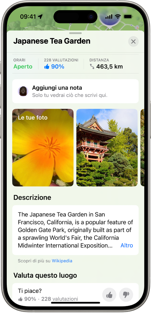 La scheda di un luogo con una valutazione generale, foto e pulsanti per valutare.