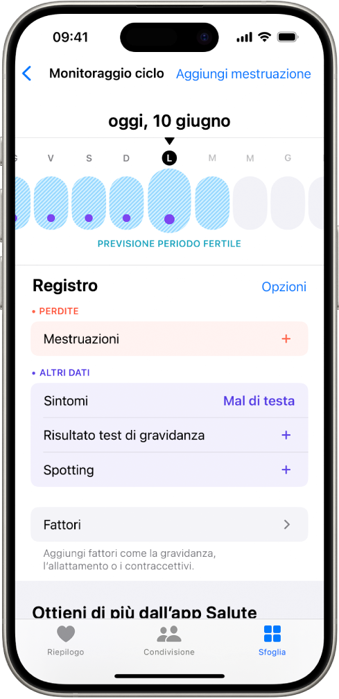 La schermata di “Monitoraggio Ciclo” con una timeline in alto che mostra una stima del periodo fertile. Sotto la timeline sono presenti opzioni per aggiungere informazioni su mestruazioni, sintomi e altro ancora.