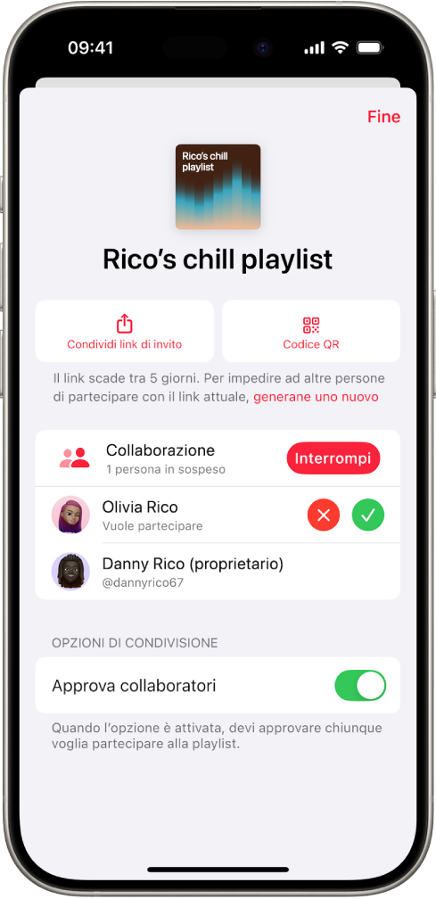 La schermata di gestione della collaborazione nell’app Musica.