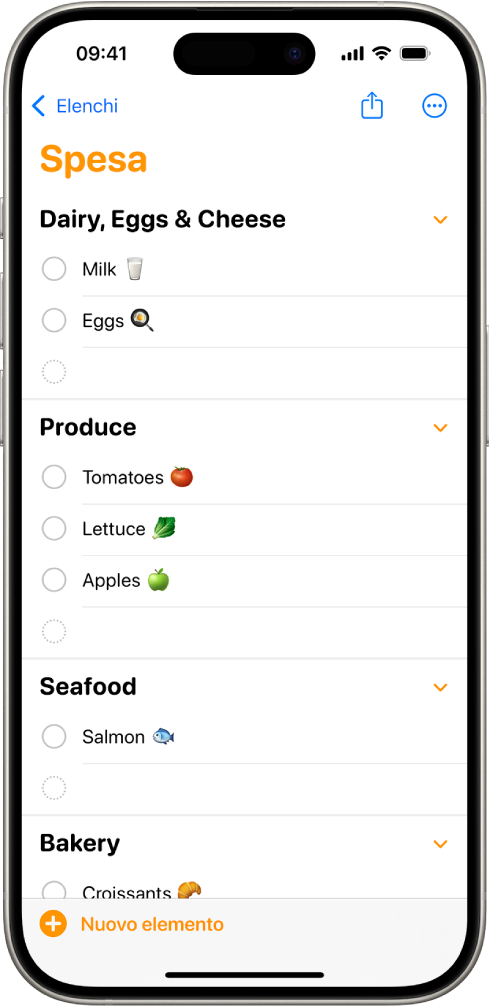 Una lista della spesa nell’app Promemoria.