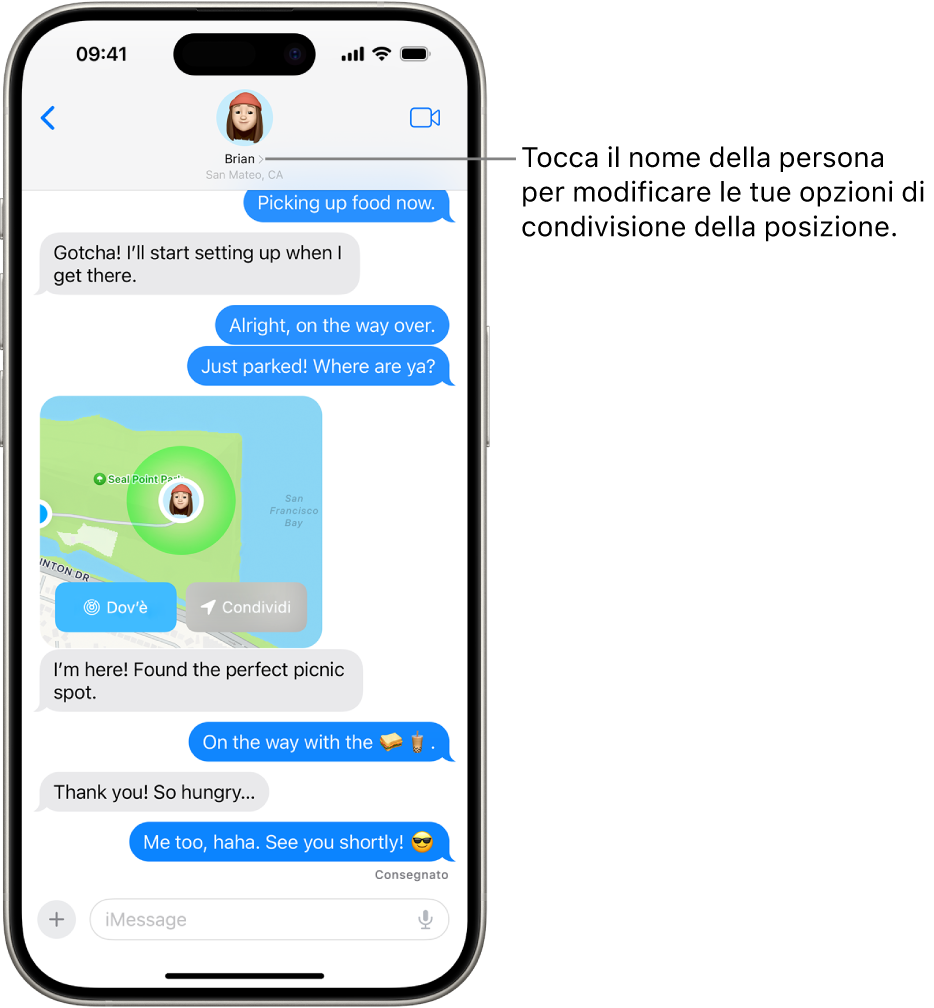 Una conversazione di Messaggi con una posizione condivisa con “Posizione precisa”.