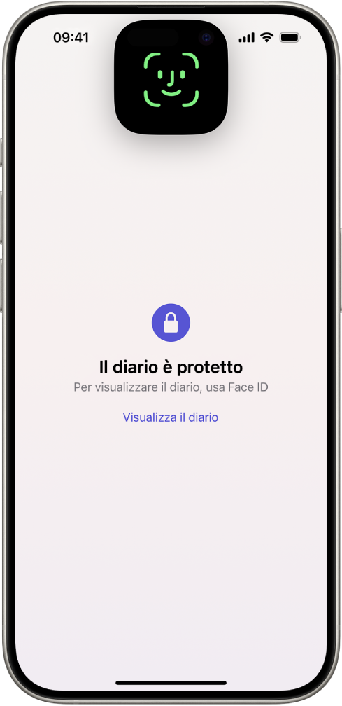 Una schermata che chiede di utilizzare Face ID per sbloccare il diario.