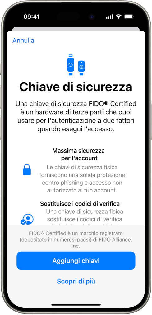 La schermata di benvenuto delle chiavi di sicurezza. Nella parte inferiore è presente un pulsante “Aggiungi chiavi di sicurezza” e un link “Scopri di più”. Sopra è presente un testo che spiega i vantaggi dell’uso delle chiavi di sicurezza.