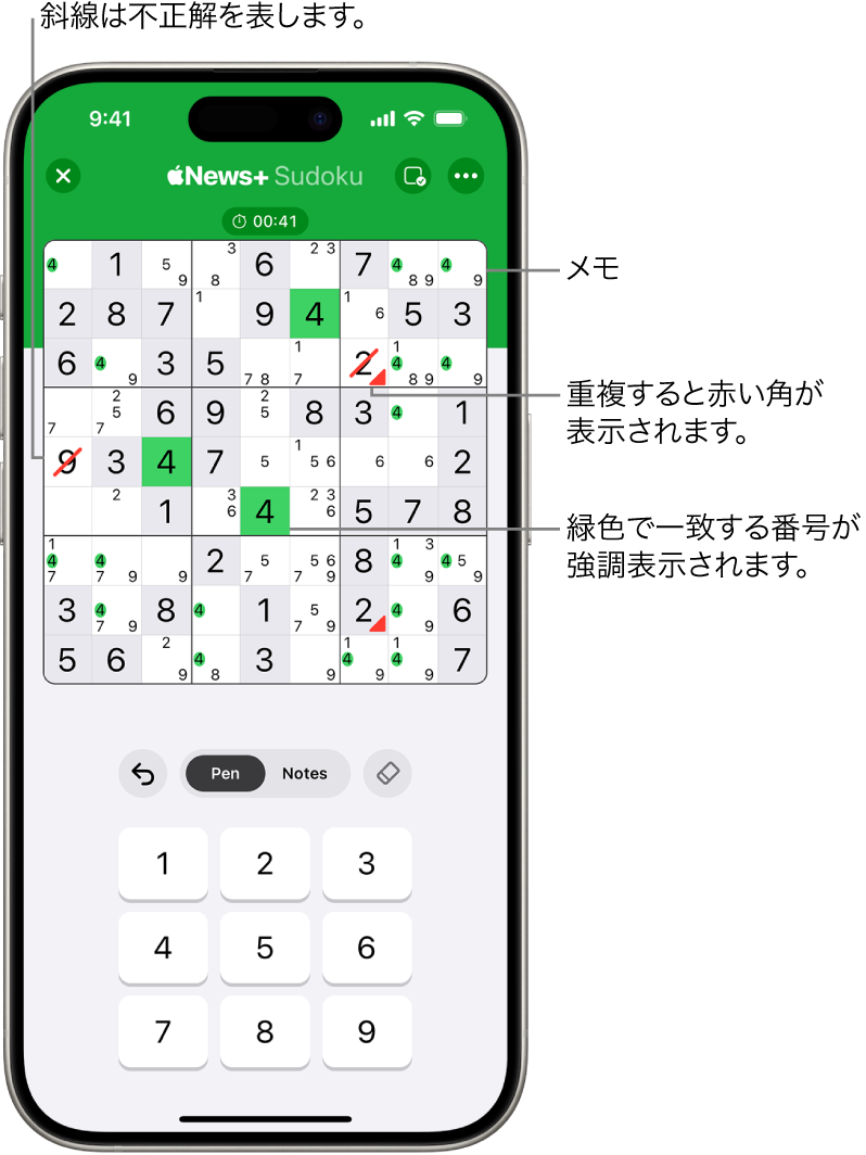 いくつかの機能がオンになっている数独パズル: 「メモ」、「一致する数字を強調表示」、「矛盾するものを表示」、および「自動チェック」