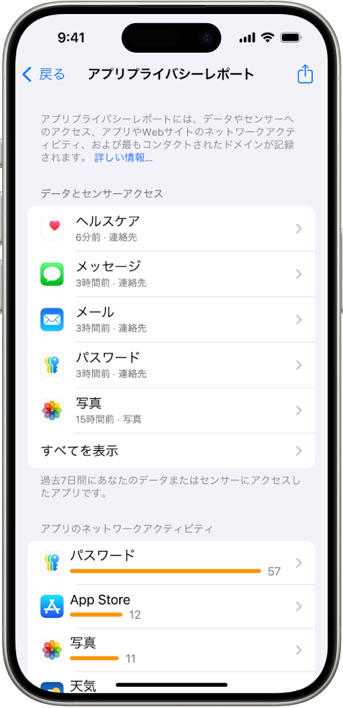 「データとセンサーアクセス」カテゴリのアプリ、および「アプリのネットワークアクティビティ」カテゴリのアプリに関する情報が記載されているアプリプライバシーレポート。