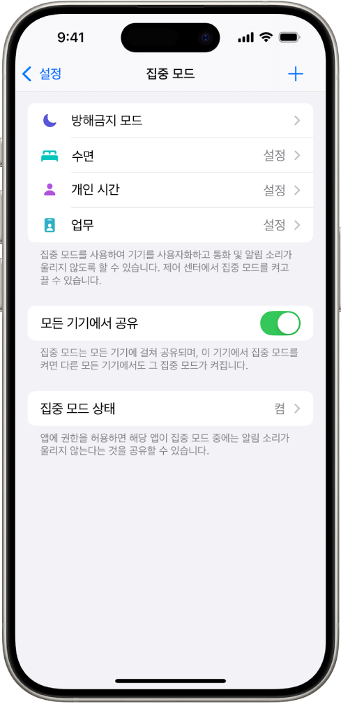 화면에 다섯 가지 집중 모드 옵션인 방해금지 모드, 통화 중 메시지 없음, 수면, 개인 시간, 업무가 나타남. 모든 기기에서 공유가 켜져 있어서 모든 Apple 기기에서 동일한 집중 모드 설정을 사용할 수 있음.