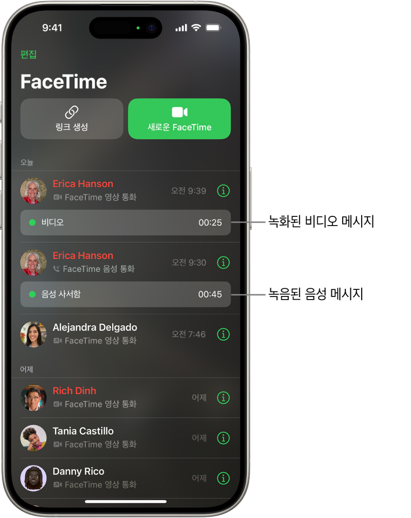 녹화된 비디오 메시지와 녹음된 음성 메시지의 링크가 포함되어 있는 FaceTime 통화 기록.