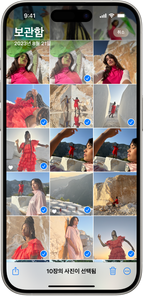 iPhone 화면이 사진 격자로 채워져 있으며 그중 일부가 선택됨. 화면 하단에 공유, 삭제 및 더 보기 버튼이 있음.