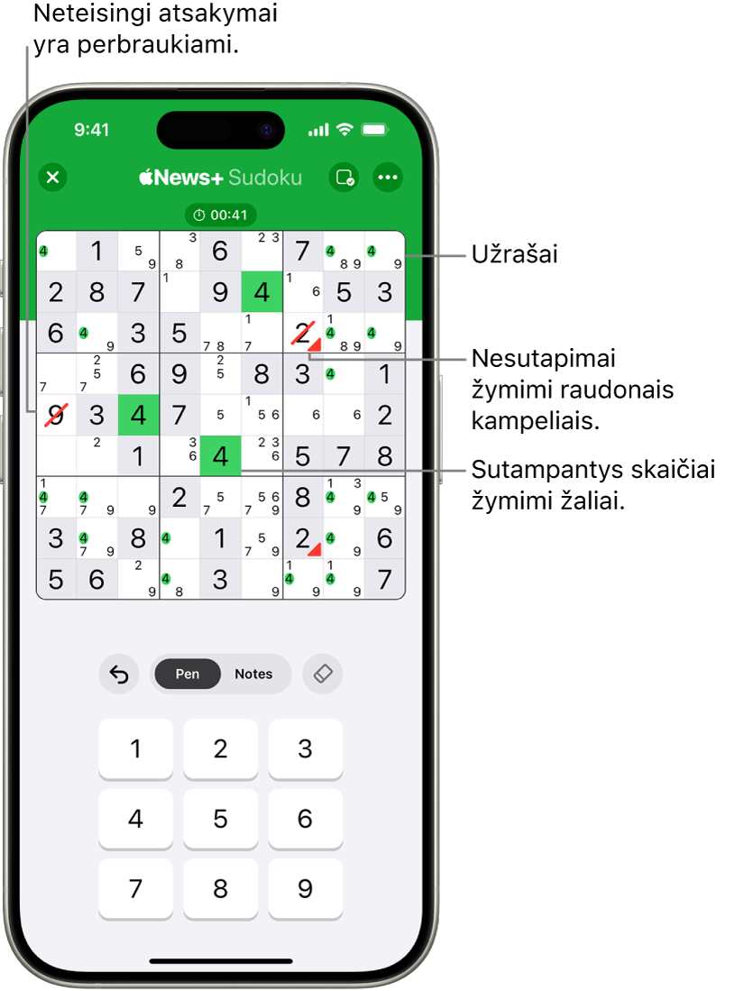 „Sudoku“ galvosūkis ir kelios įjungtos funkcijos: „Užrašai“, „Pažymėti atitinkančius skaičius“, „Rodyti konfliktus“ ir „Tikrinti automatiškai“.