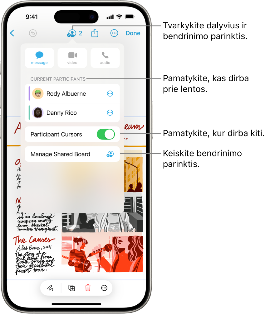 Bendrinama „Freeform“ lenta „iPhone“ įrenginyje su atidarytu bendradarbiavimo meniu.