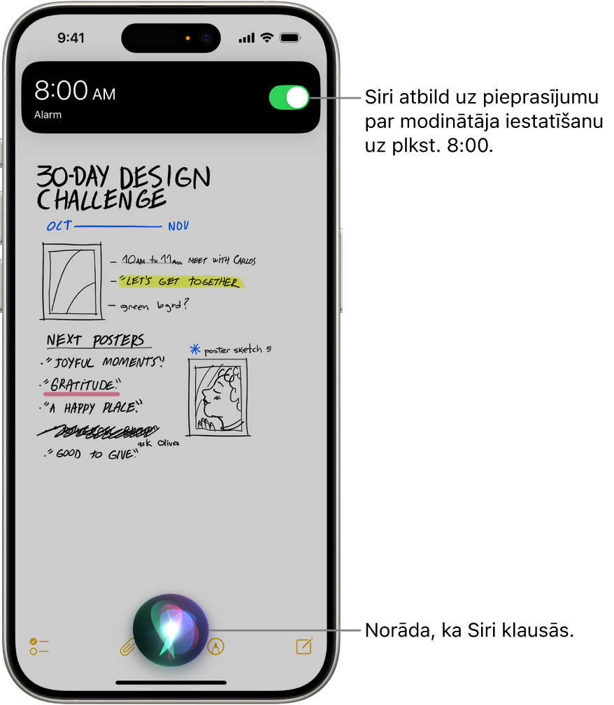 iPhone ekrāns. Netāli no ekrāna augšdaļas lietotnes Clock paziņojums rāda, ka modinātājs ir ieslēgts uz plkst. 08:00. Ikona ekrāna apakšā tiek norāda, ka Siri klausās.