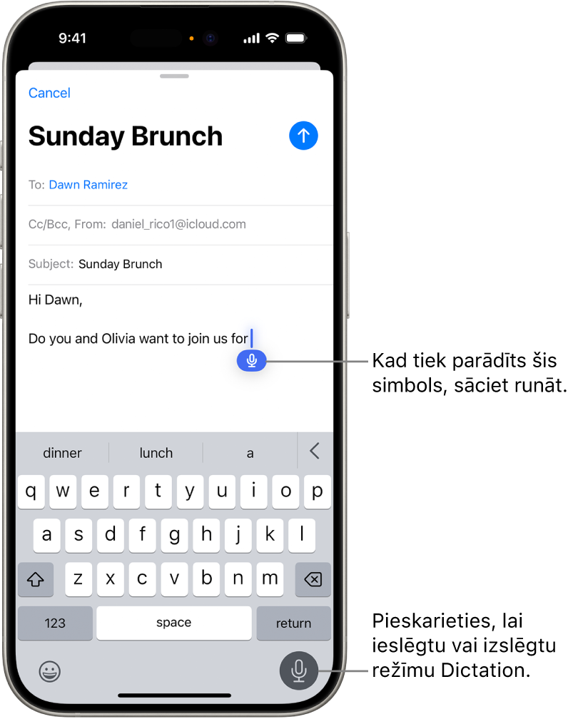 Lietotnē Mail ir atvērta ekrāna tastatūra. Poga Dictation ir atlasīta ekrāna apakšējā labajā stūrī, un šī poga ir redzama zem teksta lauka ievietošanas punkta.