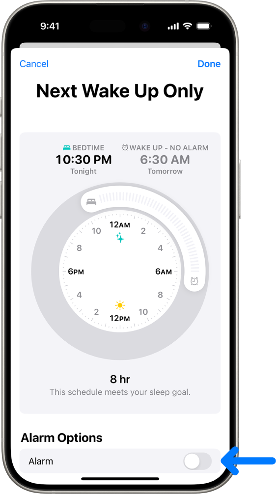 Lietotnes Health ekrāns Next Wake Up Only ar apakšā izslēgtu modinātāju.