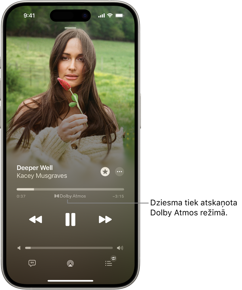 Ekrāns Now Playing, kurā tiek rādīta atskaņotā ieraksta Dolby Atmos ikona.