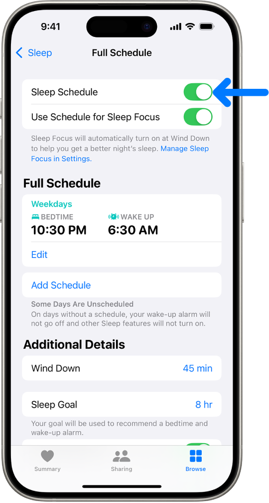 Lietotnes Health miega ekrāns Full Schedule ar augšdaļā ieslēgtu Sleep Schedule.
