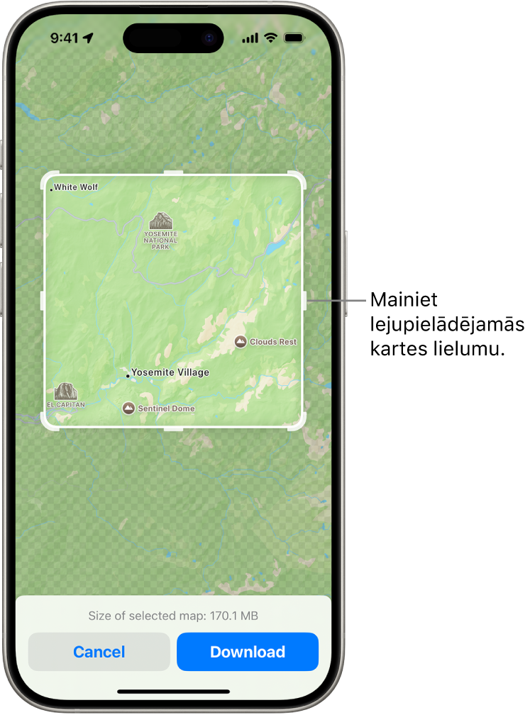 Dabas parka karte. Parkam apkārt ir kvadrāts ar turiem, kurus var pārvietot, lai mainītu lejupielādējamās kartes lielumu. Atlasītās kartes lejupielādes lielums ir norādīts netālu no kartes apakšas. Ekrāna apakšdaļā ir pogas Cancel un Download.