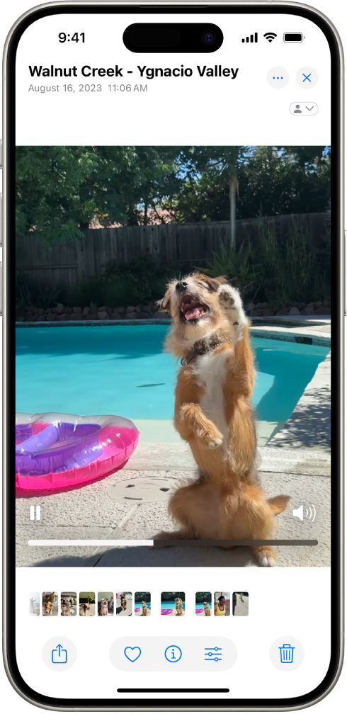 Atvērts videoklips ar Play/Pause pogu, norises joslu un Mute/Volume pogu apakšā. Augšējā labajā stūrī ir poga Close, lai atgrieztos pie pārlūkošanas.