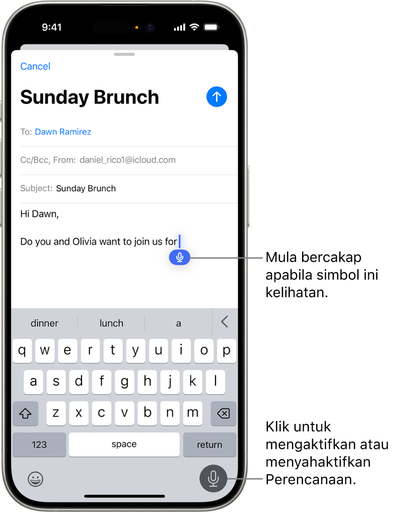 Papan kekunci atas skrin terbuka dalam app Mail. Butang Perencanaan yang berada di penjuru kanan bawah skrin dipilih dan butang Perencanaan kelihatan di bawah titik sisipan dalam medan teks.