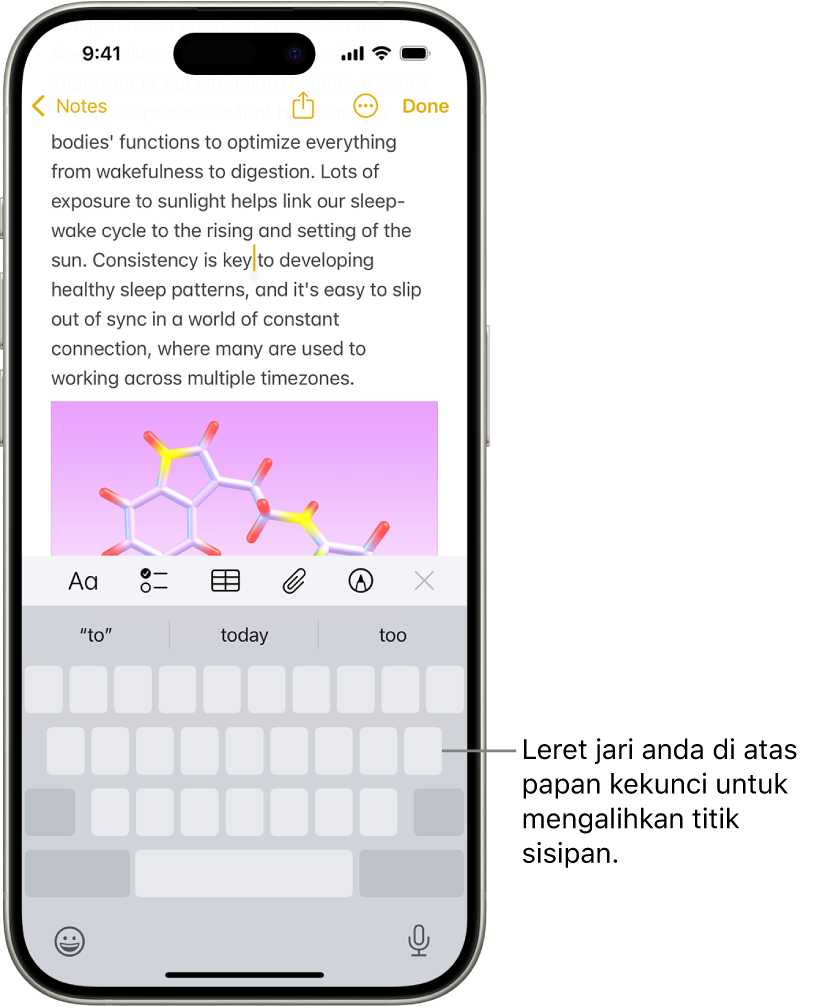 Dokumen terbuka dalam app Nota. Papan kekunci atas skrin berada di separuh bawah skrin berada dalam mod trackpad.