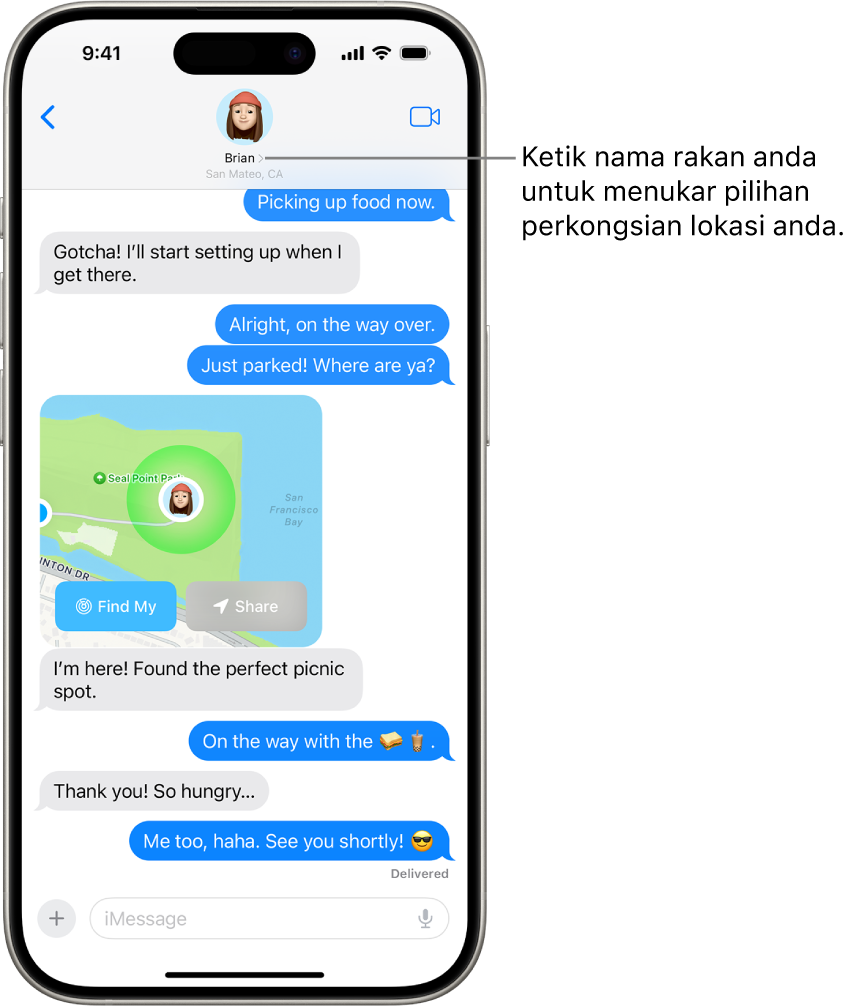 Perbualan Mesej dengan lokasi dikongsi menggunakan Pencarian Tepat.
