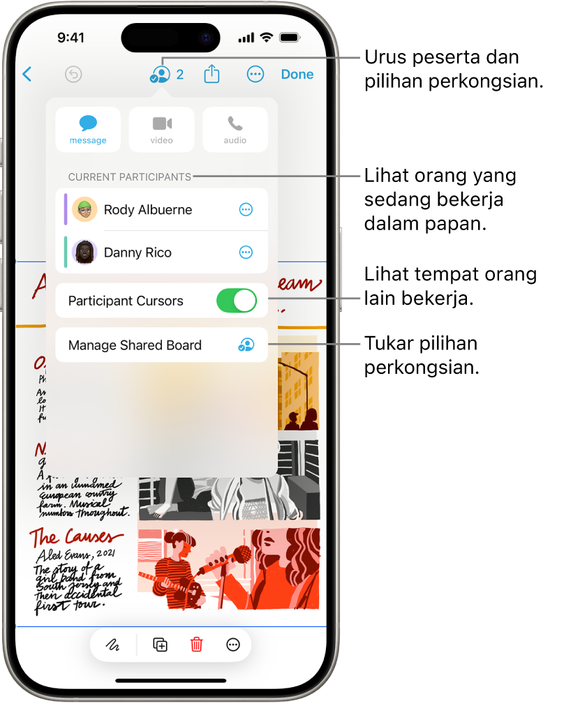 Papan Freeform dikongsi pada iPhone dengan menu kerjasama dibuka.