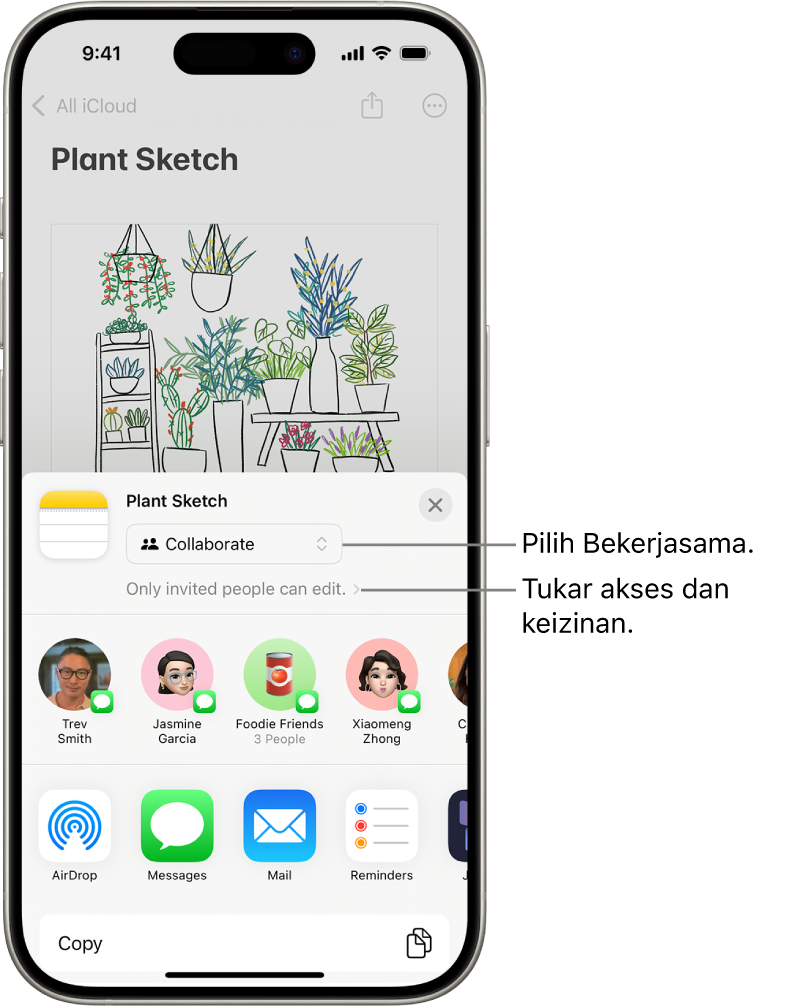 Jemputan kerjasama ke lukisan dalam Nota, menunjukkan Bekerjasama untuk pilihan kongsi dan “Hanya orang yang anda jemput boleh mengedit” sebagai seting akses dan keizinan. Empat penerima berkemungkinan, termasuk kumpulan, membentuk baris di bawahnya. Baris bawah menawarkan cara yang berbeza untuk berkongsi nota: AirDrop, Messages, Mail dan Freeform.
