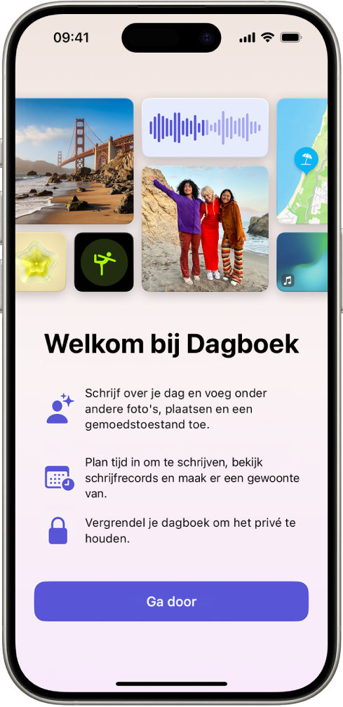 Het welkomstscherm van de Dagboek-app.