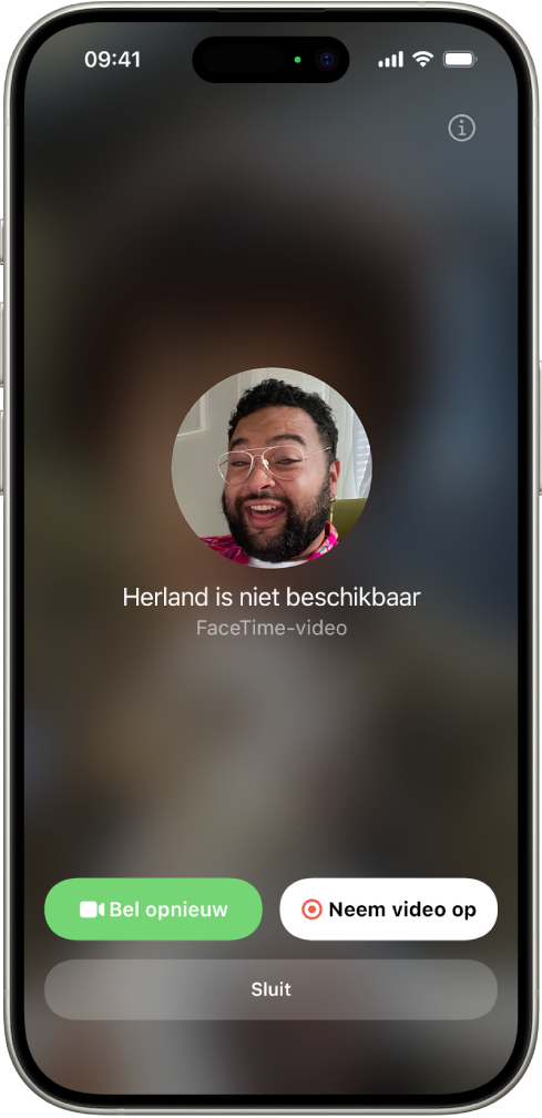 Het scherm voor het opnemen van een videobericht wanneer de persoon die je belt niet beschikbaar is. In het scherm zie je onder andere de knop 'Bel opnieuw' en de knop 'Neem video op', waarop je kunt tikken om een videobericht op te nemen.