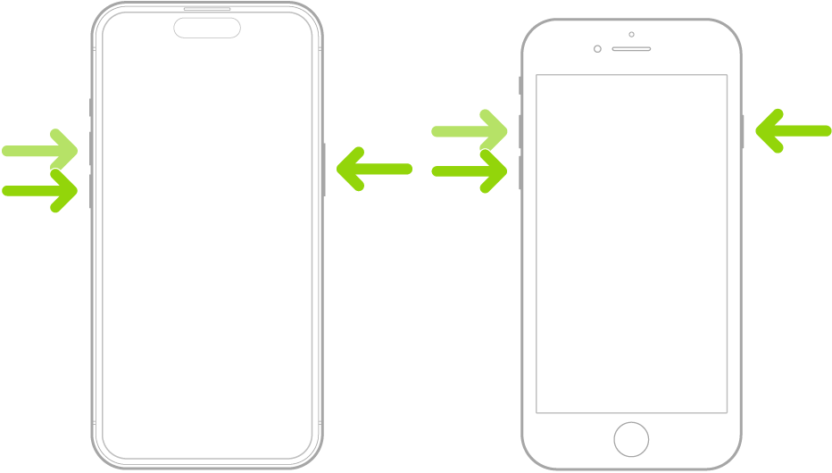 Een illustratie van twee iPhone-modellen met het scherm naar boven gericht. Het ene model heeft een thuisknop en het andere niet. Bij beide iPhone-modellen zitten de volumeknoppen aan de linkerkant en de zijknop aan de rechterkant.