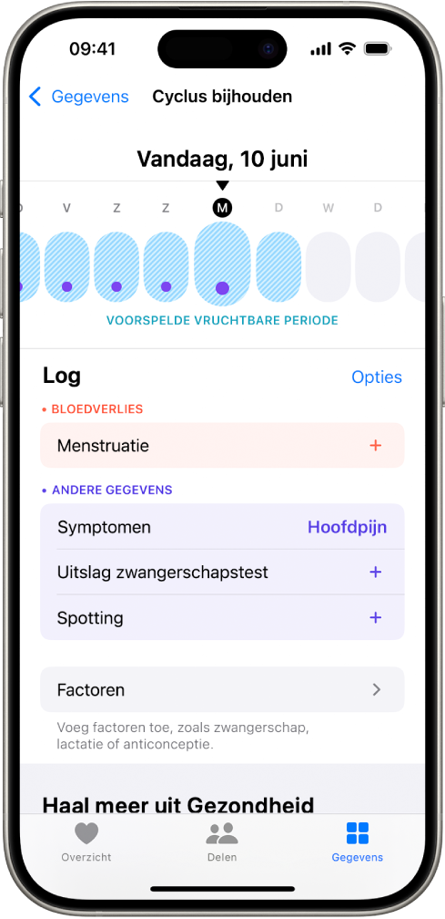 Het scherm 'Cyclus bijhouden', met bovenaan een tijdbalk met een geschatte vruchtbare periode. Onder de tijdbalk zie je opties voor het toevoegen van gegevens over onder andere je menstruatie en symptomen.