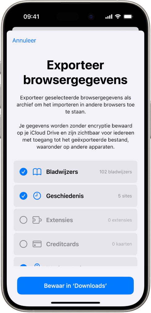 Het scherm voor het exporteren van browsergegevens, met de gegevens die je vanuit Safari kunt exporteren naar een andere browser.