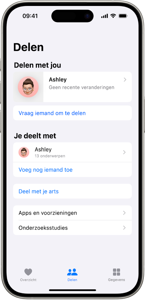 Het deelscherm in de Gezondheid-app.