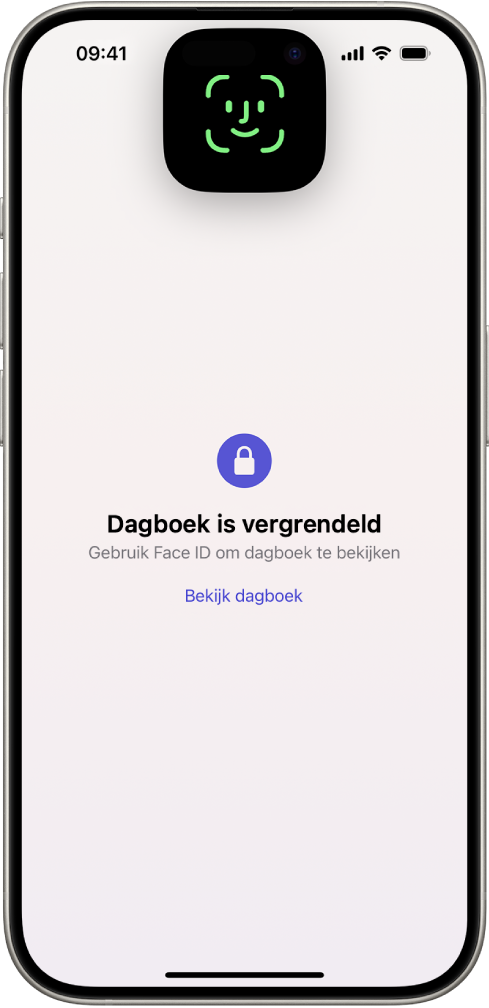 Een scherm waarin je wordt gevraagd je dagboek te ontgrendelen met Face ID.