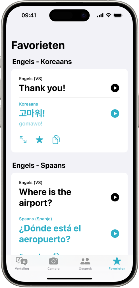 Het tabblad 'Favorieten', met bewaarde Engelse zinnen die naar het Koreaans en het Spaans zijn vertaald.