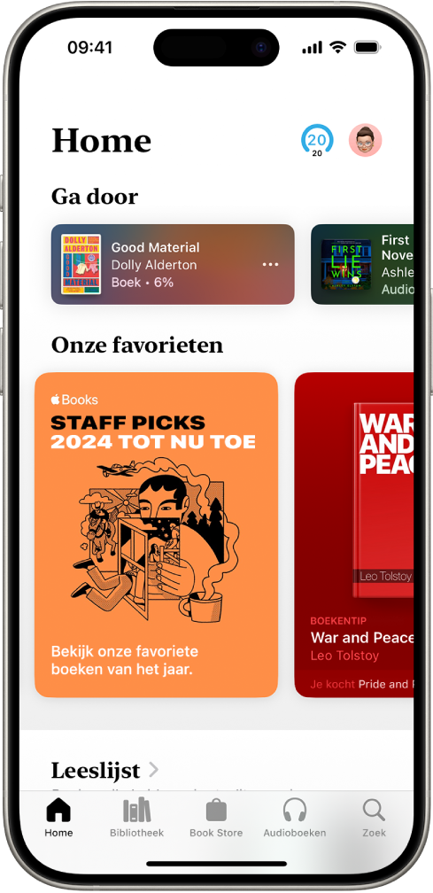 Het scherm 'Home' in de Boeken-app. Onder in het scherm staan van links naar rechts de tabs 'Home', 'Bibliotheek', 'Book Store', 'Audioboeken' en 'Zoek'. De tab 'Home' is geselecteerd.