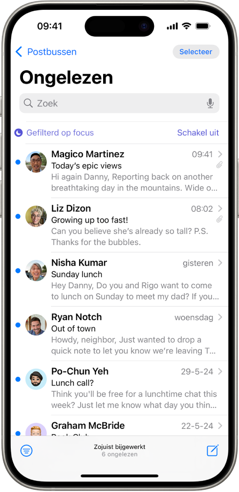 De postbus 'Inkomend' met een lijst met berichten. Boven de lijst met berichten staat het label 'Gefilterd op focus' en rechts daarnaast staat 'Schakel uit'.