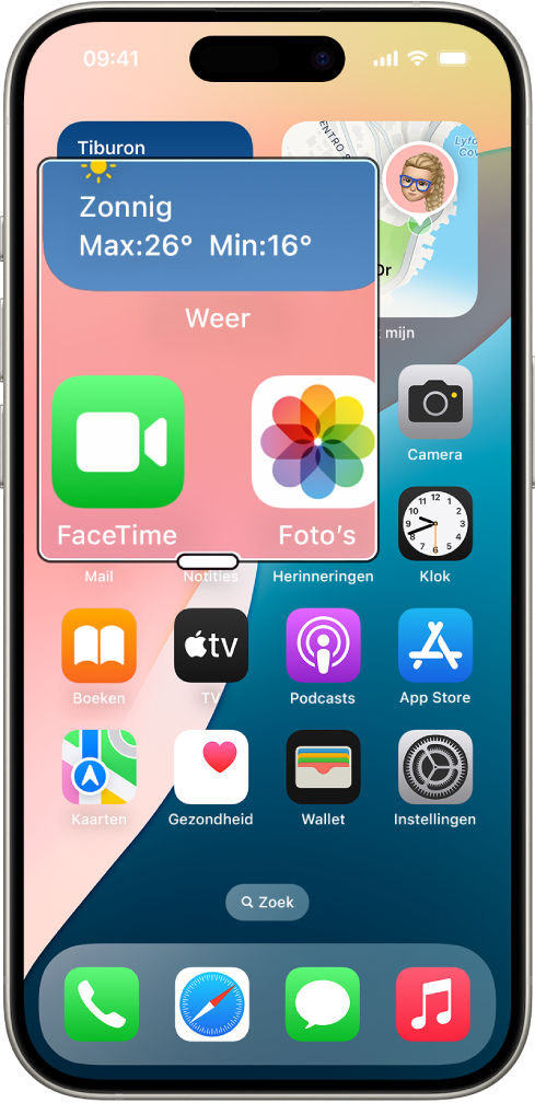 Een iPhone met het beginscherm en een venster waarin op een deel van het scherm is ingezoomd.