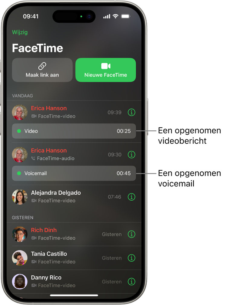 De FaceTime-gespreksgeschiedenis met links naar een opgenomen videobericht en een voicemail.