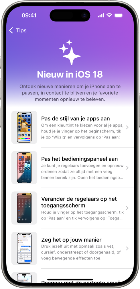 Een scherm met een verzameling tips, met pijlen om aan te geven dat je op een verzameling kunt tikken om de tips daarin te bekijken.