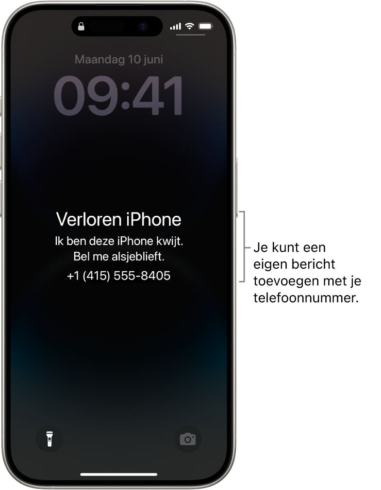 Het toegangsscherm van een iPhone met een bericht over een kwijtgeraakte iPhone. Je kunt een eigen bericht toevoegen met je telefoonnummer.