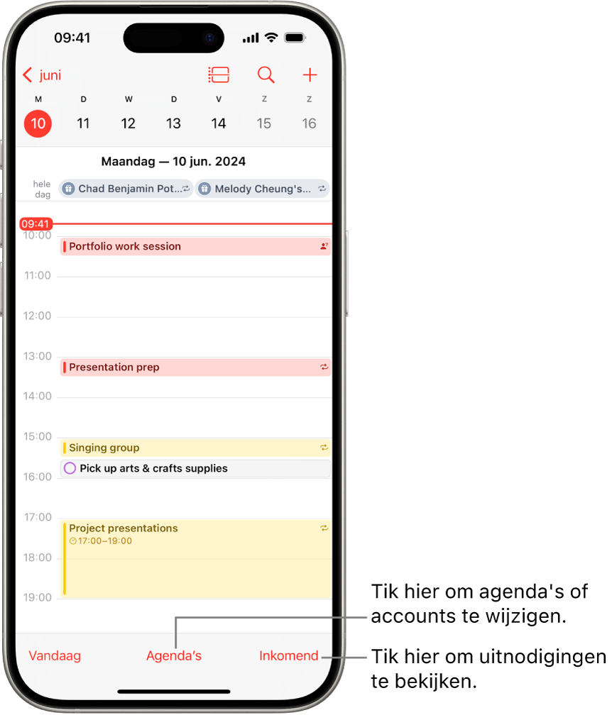 Een agenda in de dagweergave met de activiteiten van een dag. Middenonder in het scherm staat de knop 'Agenda's' en rechtsonderin staat de knop 'Inkomend'.