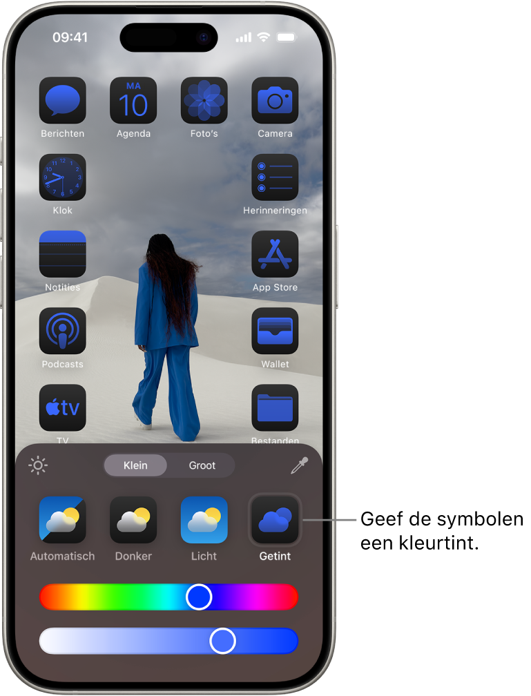 Een aangepast beginscherm met blauw getinte symbolen die de foto omlijsten. Onder in het scherm staan regelaars voor het aanpassen van symbolen. De opties zijn onder andere de knoppen 'Automatisch', 'Donker', 'Licht' en 'Getint', schuifknoppen voor het kiezen van de kleur en verzadiging en de knoppen 'Groot' en 'Klein' voor het instellen van de symboolgrootte.